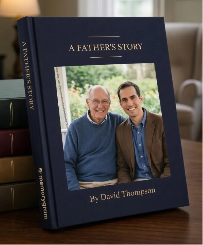 A navy Memorygram hardcover titled A Father&rsquo;s Story, standing upright, with a photograph of an older man and his adult son on the cover