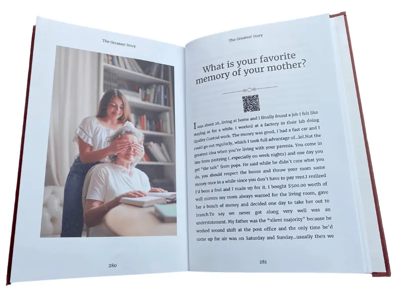An open Memorygram book: a full-page family photograph on the left, and on the right the question &ldquo;What is your favorite memory of your mother?&rdquo; above the answer