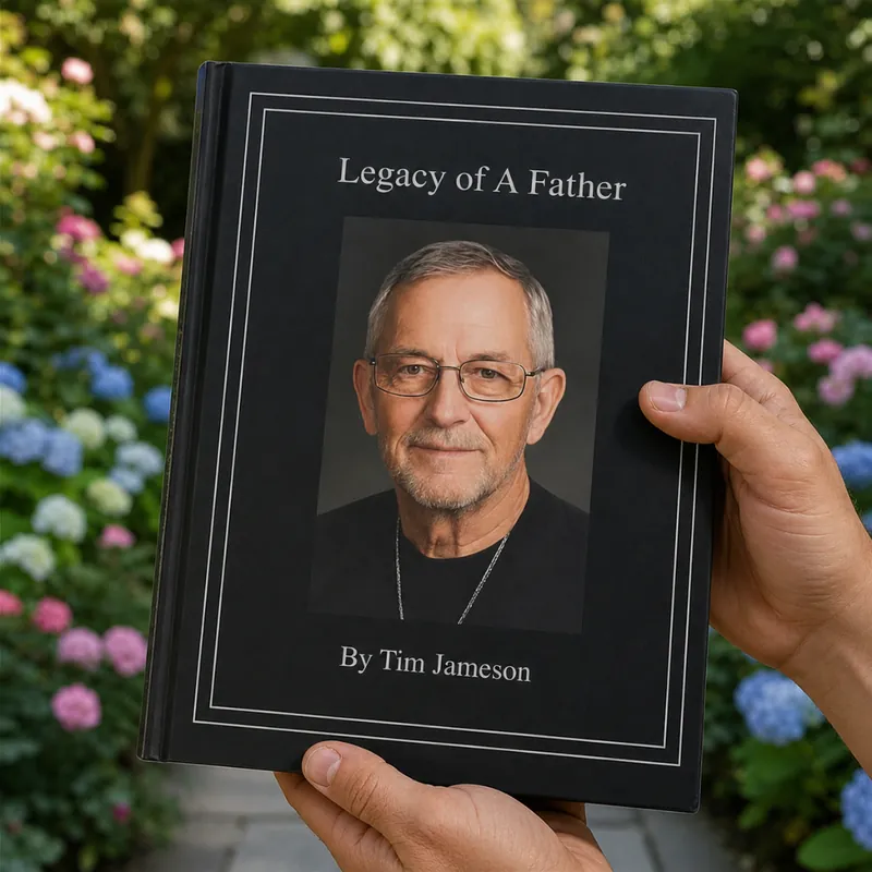 Two hands holding a black Memorygram hardcover titled Legacy of A Father, with a portrait of an older man on the cover