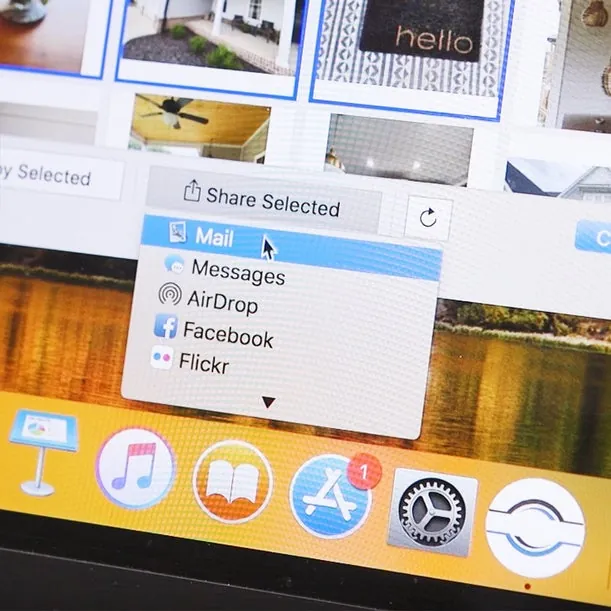 Menu de partilha do Mac com as opções Mail, Mensagens, AirDrop, Facebook e Flickr