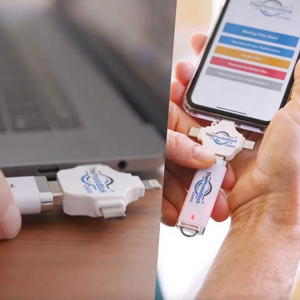 Portátil e telemóvel lado a lado com os conectores do PhotoStick OMNI
