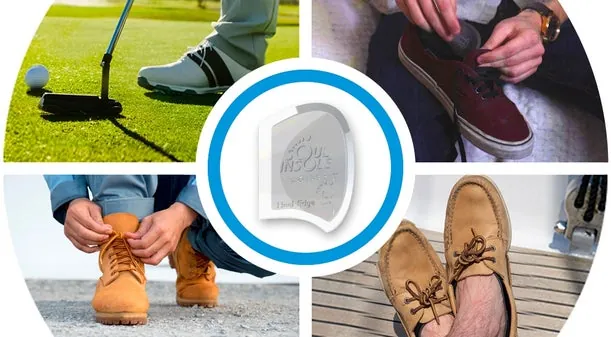 A Soul Insole em diferentes calçados: sapato de golfe, sapato social, bota e mocassim